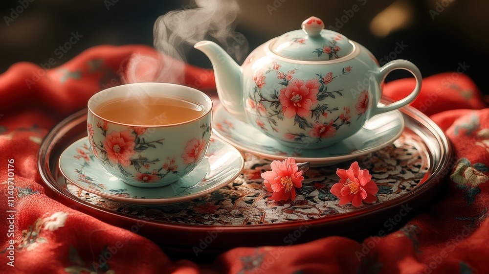 Fototapeta premium A tea set with steaming cups of jasmine tea, placed on a decorative red tablecloth.