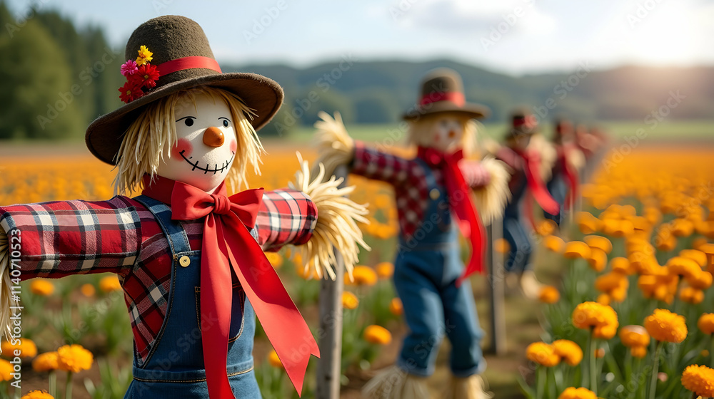 Cheerful scarecrows stand guard in a vibrant marigold field, basking in the warm autumn sun. A picturesque harvest scene! Cheerful scarecrows stand guard in a vibrant marigold field, basking in the warm autumn sun. A picturesque harvest scene!