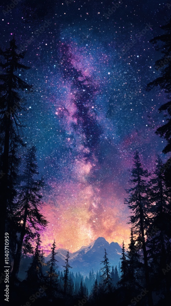 Breathtaking view of the Milky Way galaxy shining over a tranquil forest at night Breathtaking view of the Milky Way galaxy shining over a tranquil forest at night