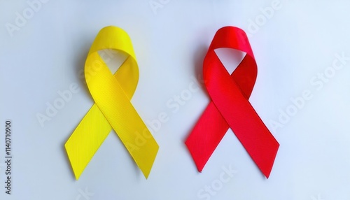 Red and Yellow Awareness Ribbon Symbol for Firefighter Support, Suicide Prevention, Military Remembrance, or Global Crisis Advocacy on a White Background. Awareness Campaign Symbolism Example photo