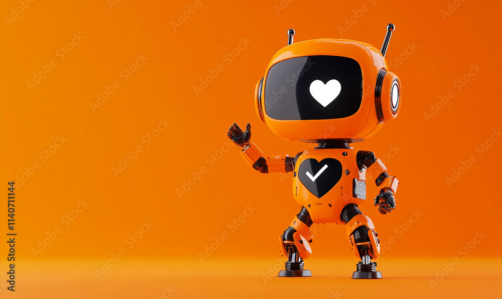 A 3D orange robot in studio with heart icon on lcd screen face A 3D orange robot in studio with heart icon on lcd screen face