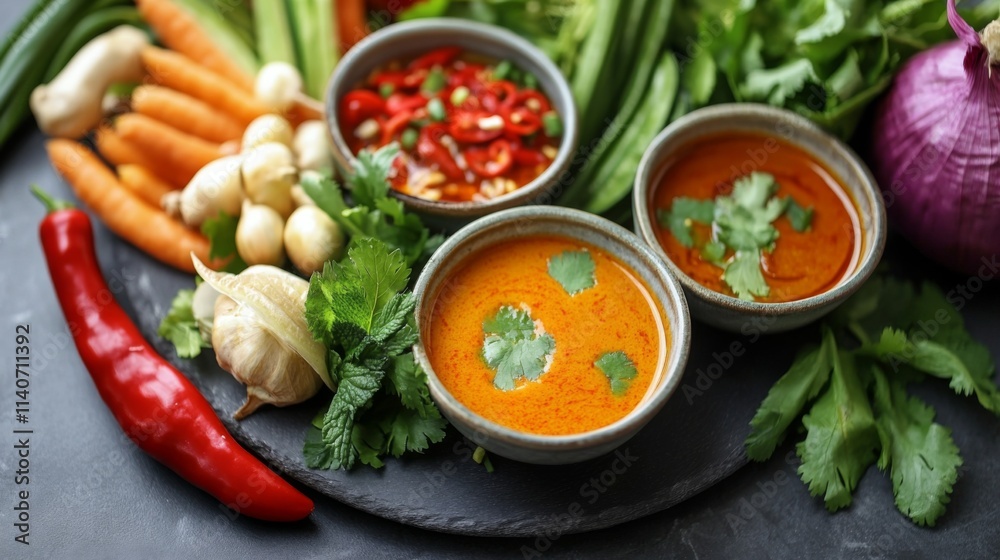 Fresh Vegetables and Spicy Sauces in Rustic Setting Fresh Vegetables and Spicy Sauces in Rustic Setting