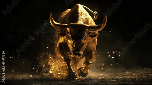 Powerful golden bull charging forward, concept the stock market's financial upward trend. photo