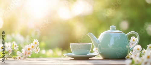 A serene outdoor scene featuring a ceramic teapot and a cup of tea on a garden table with blooming flowers and soft sunlight, copy space.