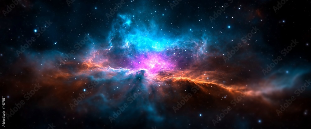 Fototapeta premium Vibrant nebula with blue, orange, and pink hues in deep space.