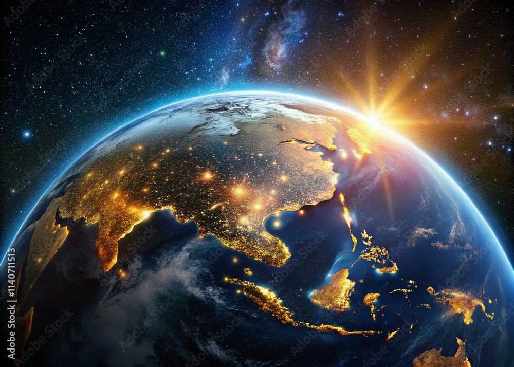 Obraz premium Stunning Night Earth Planet Animation, 4K Rotating Globe, Space Exploration, Cosmic Background, Galaxy Stars, Night Sky, Planetary Motion, Realistic Earth