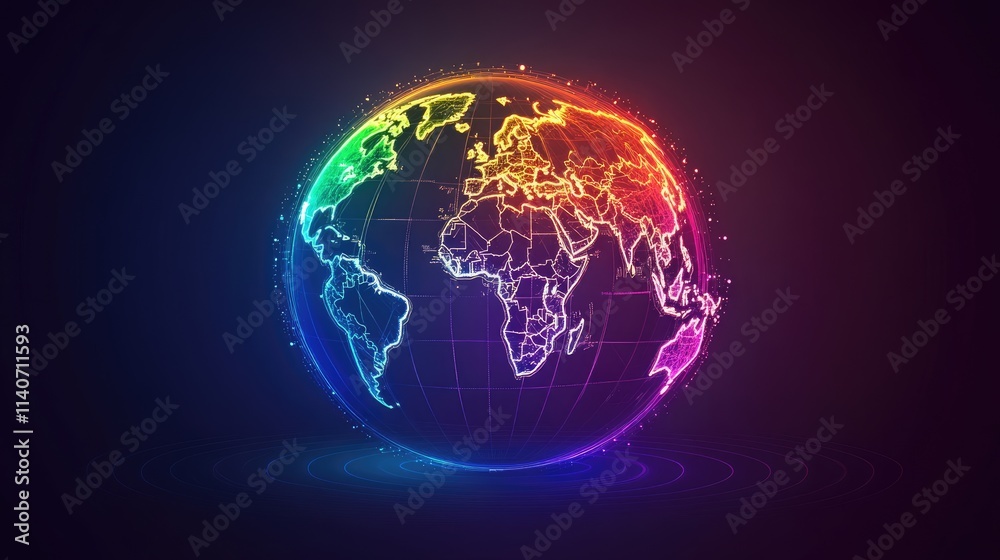 A world map overlaying a translucent digital globe, with trading routes illuminated in glowing lines, abstract tech design, neon palette A world map overlaying a translucent digital globe, with trading routes illuminated in glowing lines, abstract tech design, neon palette