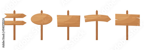 Winter Christmas wooden sign boards. Frames and banners on poles. Arrow, round and rectangular billboards. Road signages. Vector