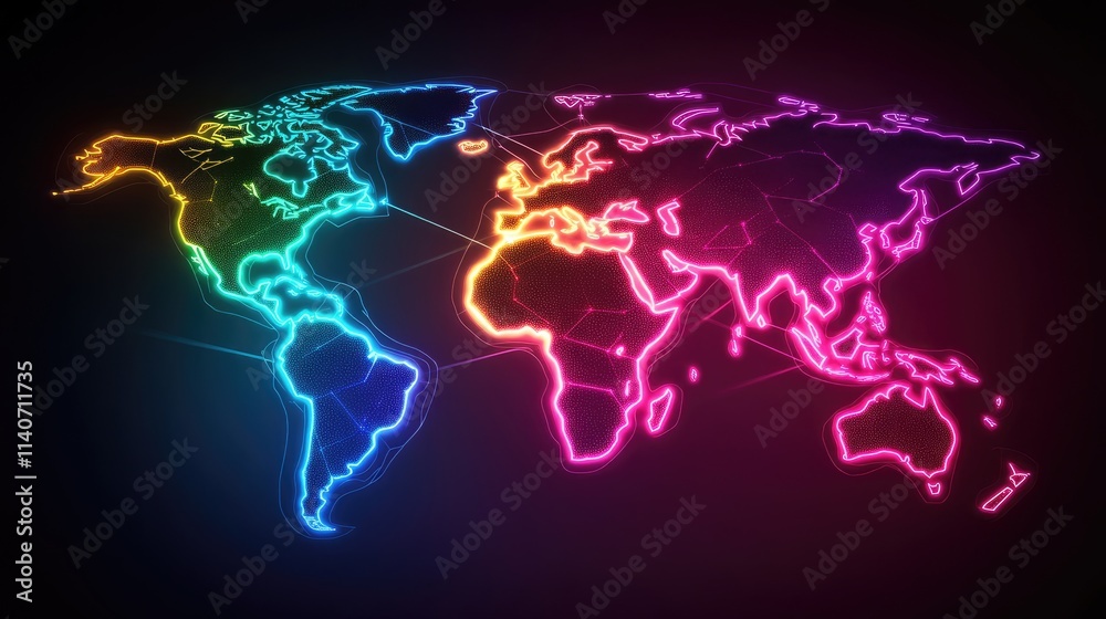 Fototapeta premium A world map overlaying a translucent digital globe, with trading routes illuminated in glowing lines, abstract tech design, neon palette