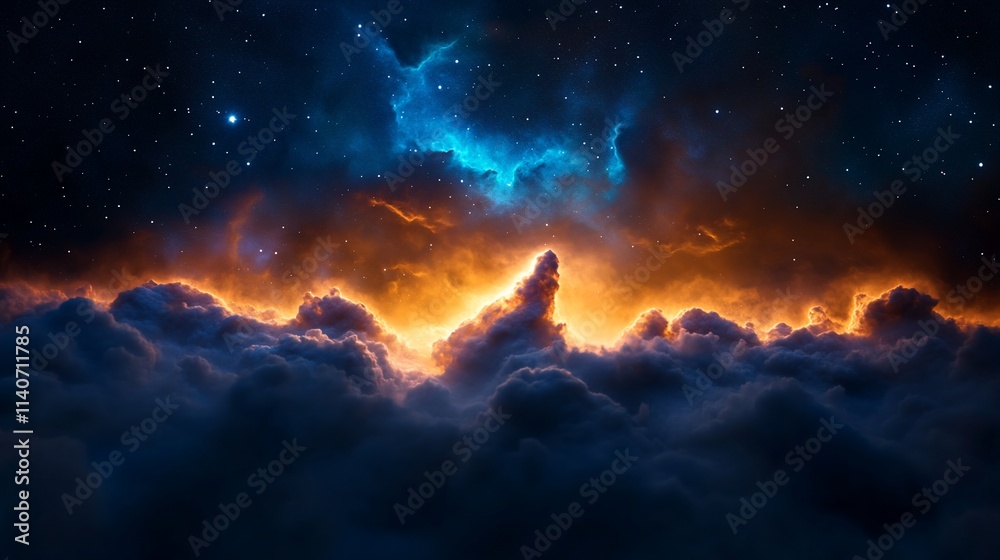 Fototapeta premium Vibrant nebula above fiery cloudscape at night.