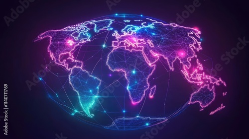 A world map overlaying a translucent digital globe, with trading routes illuminated in glowing lines, abstract tech design, neon palette
