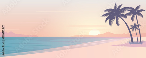 Morning beach landscape of the coast of paradise nature. Landscape of a sandy beach with palm trees at sunset. Beach holiday vector illustration for design and print.