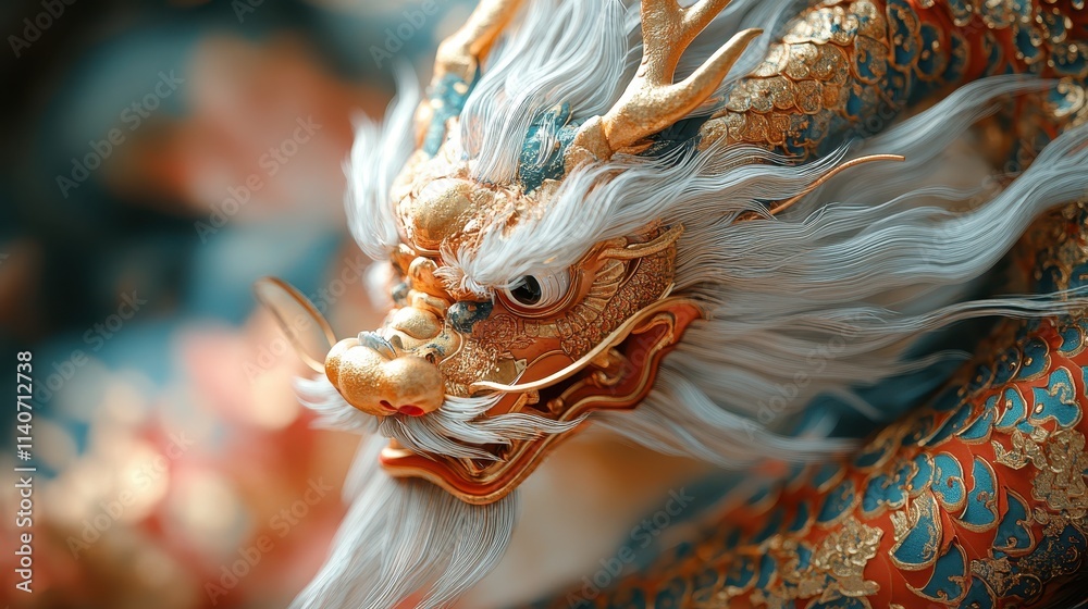 Obraz premium A traditional Chinese scroll decorated with golden dragons and red patterns.