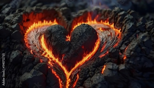 Fiery Heart of Molten Lava Splitting Through Cracked Black Rocks. Symbolic Concept of Passion, Strength, Nature’s Power, and Love Emerging from Destruction with Stunning Realistic Texture photo