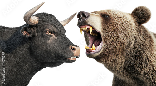 PNG A fierce confrontation between a bull and a bear, showcasing their strength and intensity against a dark background. photo