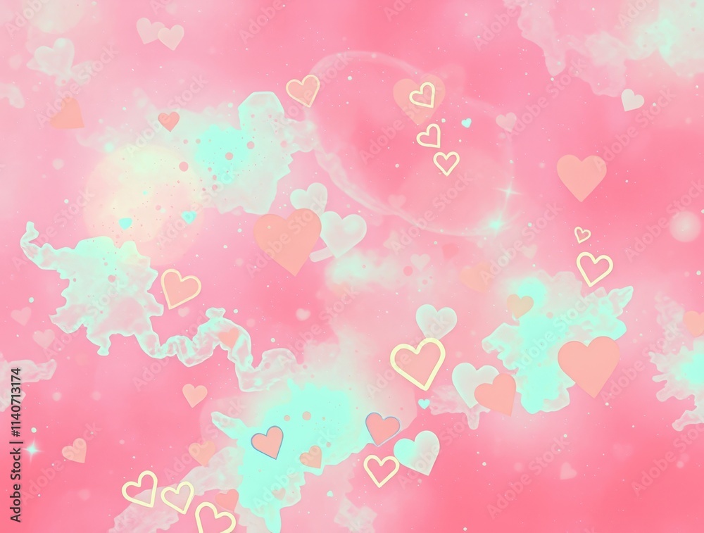 Love in the Air: A whimsical, abstract background of swirling pastel pink and turquoise hues with delicate hearts scattered across the canvas. A perfect backdrop for romantic projects, love letters. Love in the Air: A whimsical, abstract background of swirling pastel pink and turquoise hues with delicate hearts scattered across the canvas. A perfect backdrop for romantic projects, love letters.
