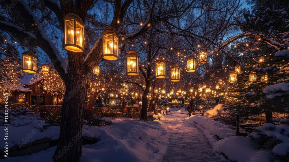 Enchanting Winter Pathway Illuminated by Lanterns and Lights Enchanting Winter Pathway Illuminated by Lanterns and Lights