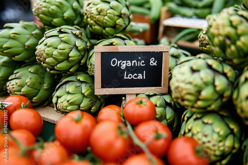 A vibrant market scene showcasing organic artichokes, fresh tomatoes, and a chalkboard sign reading 