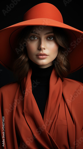 A sleek and modern portrait of a woman in a red wide-brimmed hat and draped red outfit with a black inner layer, framed against a deep black backdrop.
 photo