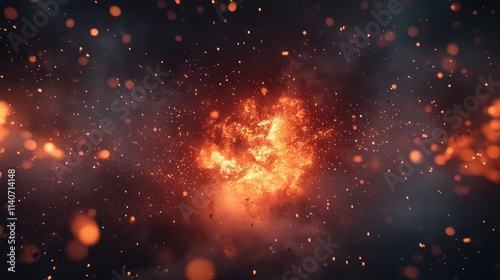 Exploding fireball in slow motion, glowing embers flying in all directions, dark background, ultra-detailed wallpaper 