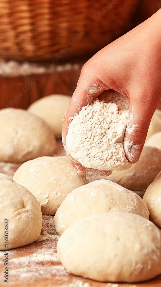A hand sprinkling flour over dough balls on a wooden surface. A hand sprinkling flour over dough balls on a wooden surface.