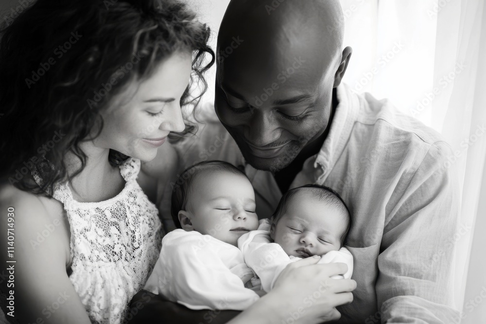 Family portrait of parents with their newborn twins Family portrait of parents with their newborn twins