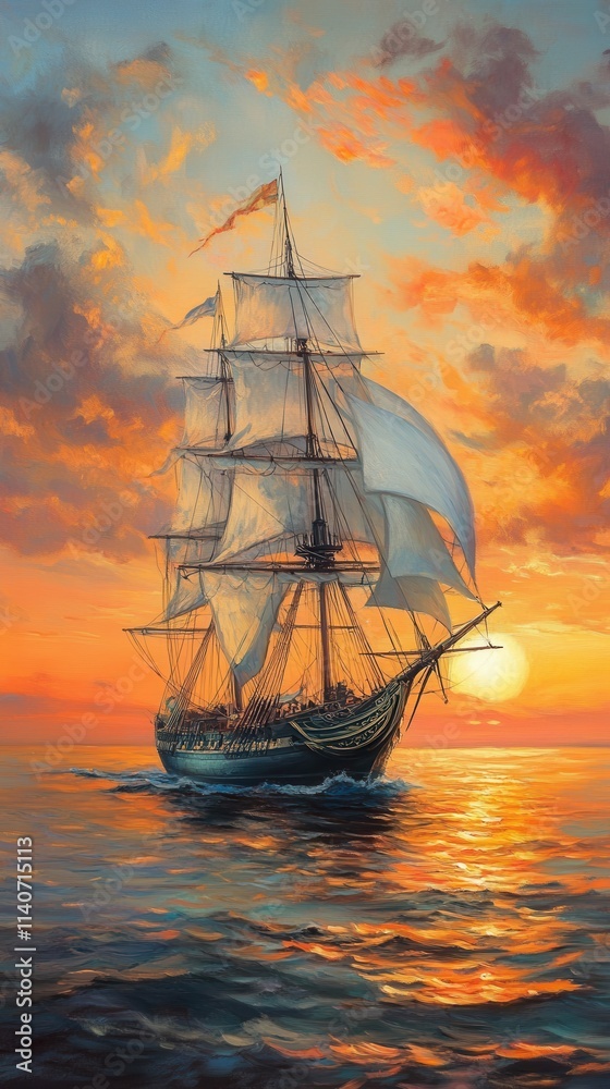 Obraz premium Majestic sailing ship gliding on tranquil waters during a vibrant sunset