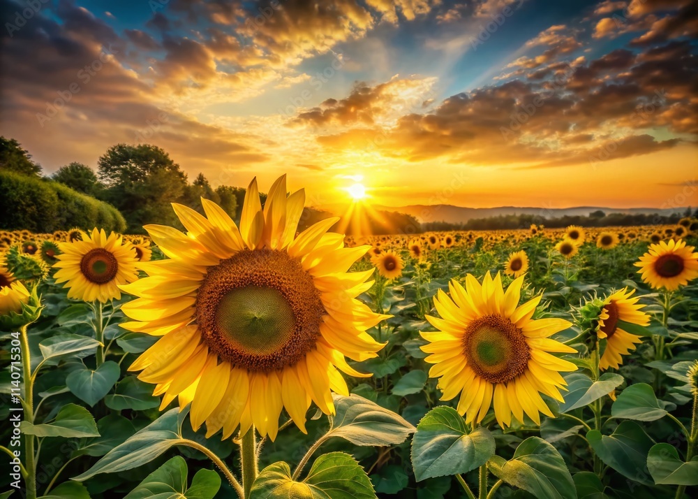 Obraz premium Stunning Sunflower Field Landscape Photography, Vibrant Yellow Sunflowers, Summer Meadow, Golden Hour Sunflowers, Artistic Sunflower Drawing