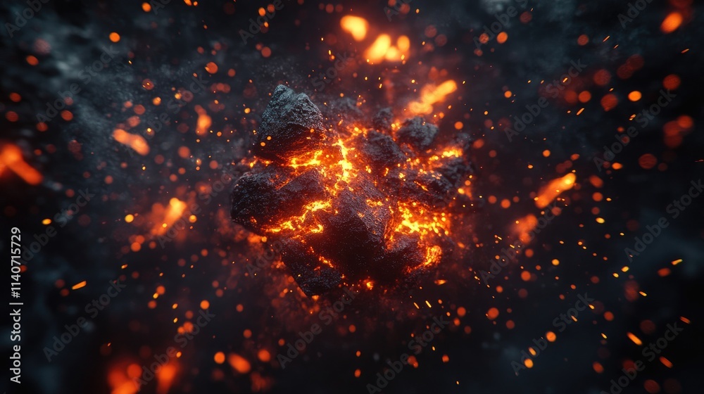 Fototapeta premium Exploding fireball in slow motion, glowing embers flying in all directions, dark background, ultra-detailed wallpaper 