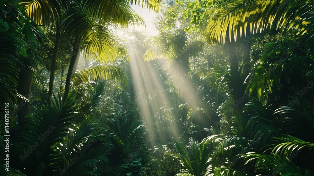 Naklejka premium Sunlight filters through lush green foliage in a vibrant tropical rainforest.
