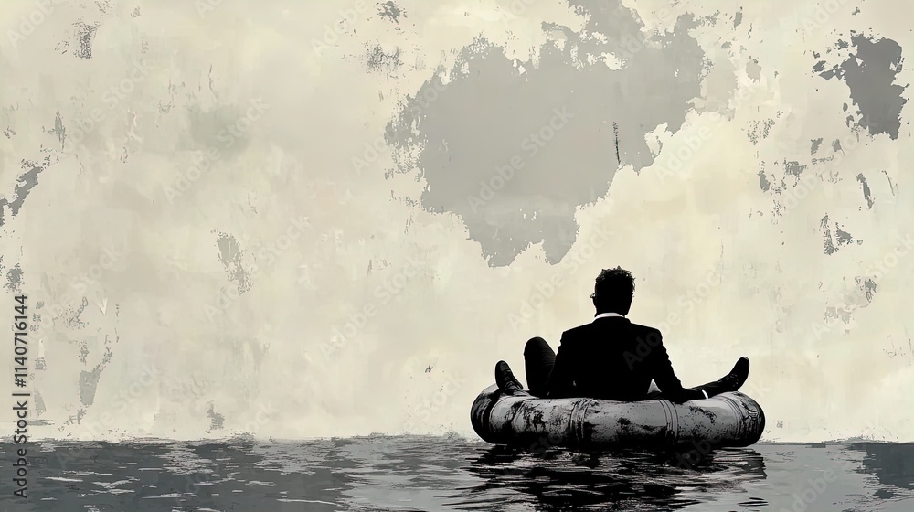 Contemplative Businessman in Suit on Gray Raft: A Striking Poster for Sports Interiors, Symbolizing Resilience and Reflection Amidst Vast Ocean and Dramatic Sky. Contemplative Businessman in Suit on Gray Raft: A Striking Poster for Sports Interiors, Symbolizing Resilience and Reflection Amidst Vast Ocean and Dramatic Sky.