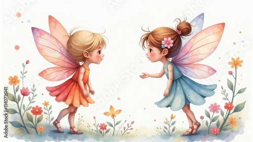 Seamless children's pattern with fairies and flowers,. pattern with cartoon fairy or elves for children, girls. Drawing for wallpaper, children's linen, poster, notebook cover