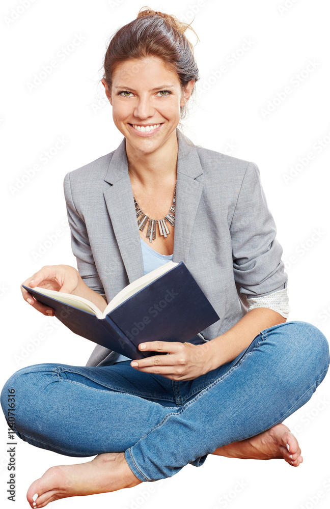 Studentin liest ein Buch im Schneidersitz Studentin liest ein Buch im Schneidersitz
