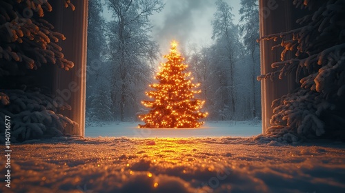 A warmly lit Christmas tree seen through an arched frosted window.