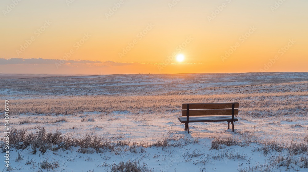 A lone wooden bench in a snowy field with a beautiful golden sunset in the background A lone wooden bench in a snowy field with a beautiful golden sunset in the background