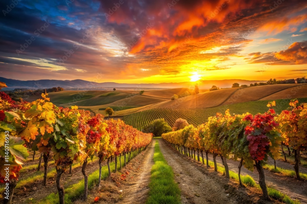 Fototapeta premium Stunning Vineyard Sunset Landscape Photography: Golden Hour Vines, Rolling Hills, Wine Country