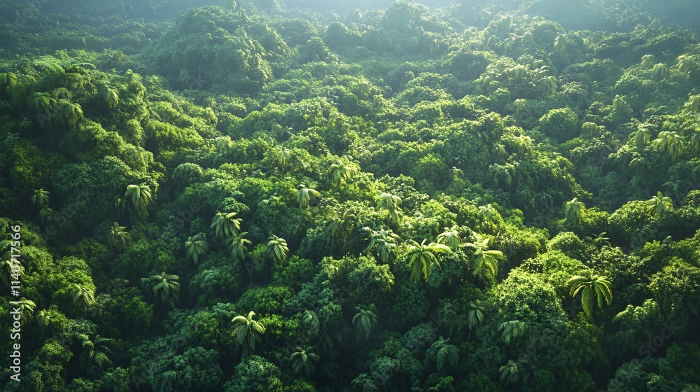 Lush green tropical rainforest filled with dense foliage and palm trees.