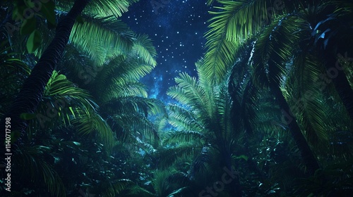 A serene tropical forest at night, illuminated by starlight, featuring vibrant green palm trees and a mystical atmosphere.