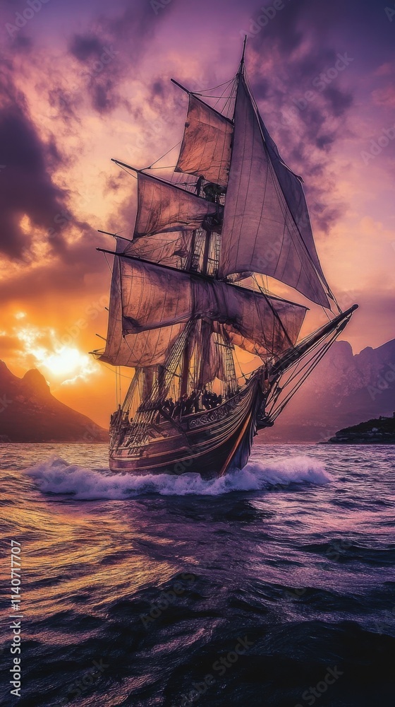 Fototapeta premium Dramatic battle between ship and nature at dusk with vibrant sky and turbulent waters