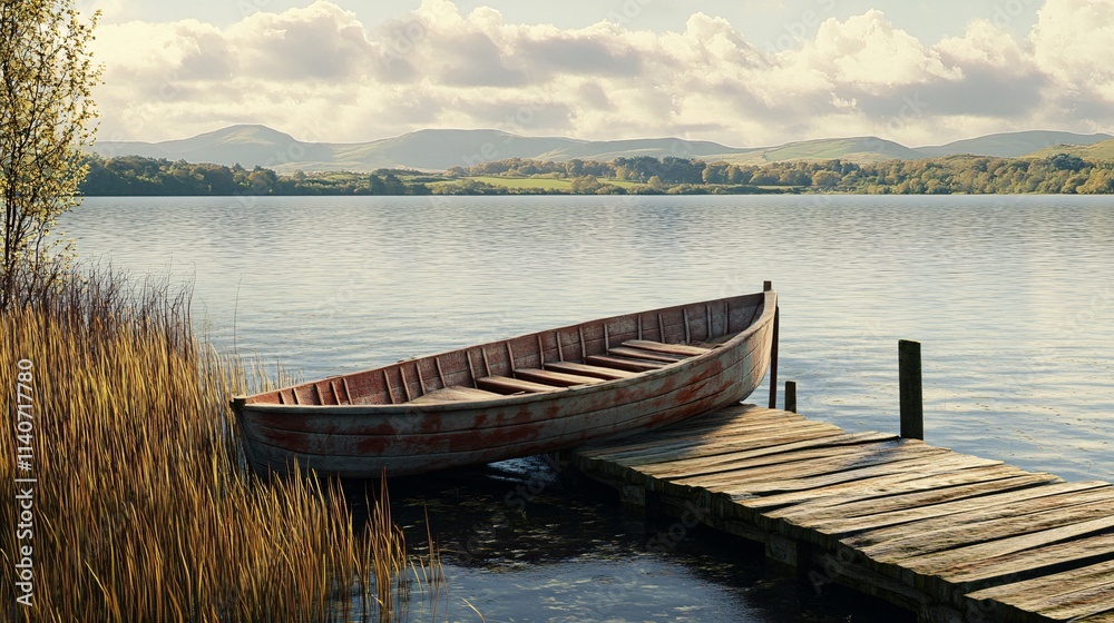A weathered wooden boat rests on a serene lakeside dock surrounded by lush greenery and distant mountains. A weathered wooden boat rests on a serene lakeside dock surrounded by lush greenery and distant mountains.