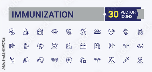 Immunization linear icon collection. Contains related to care, disease, protection, injection, treatment, immune, medical and more. Flat UI icon design. Editable vector outline and solid icons.