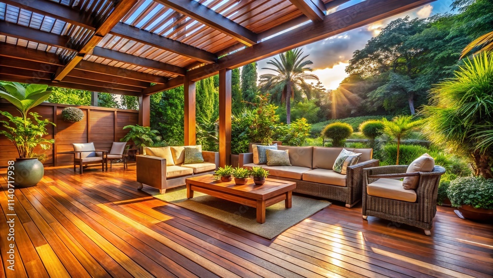 Fototapeta premium Stunning Wooden Patio Designs: Outdoor Living Spaces, Backyard Oasis, Deck Ideas, Porch Inspiration, Rustic Patio, Modern Wood Deck