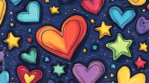 Colorful hearts and stars pattern against a dark background, featuring a playful and vibrant aesthetic.