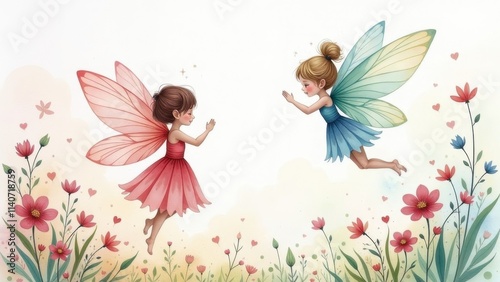 Seamless children's pattern with fairies and flowers,. pattern with cartoon fairy or elves for children, girls. Drawing for wallpaper, children's linen, poster, notebook cover