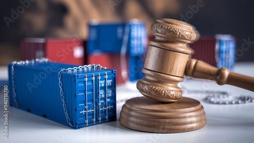 Gavel and Shipping Container: Symbol of Legal Disputes in International Trade
