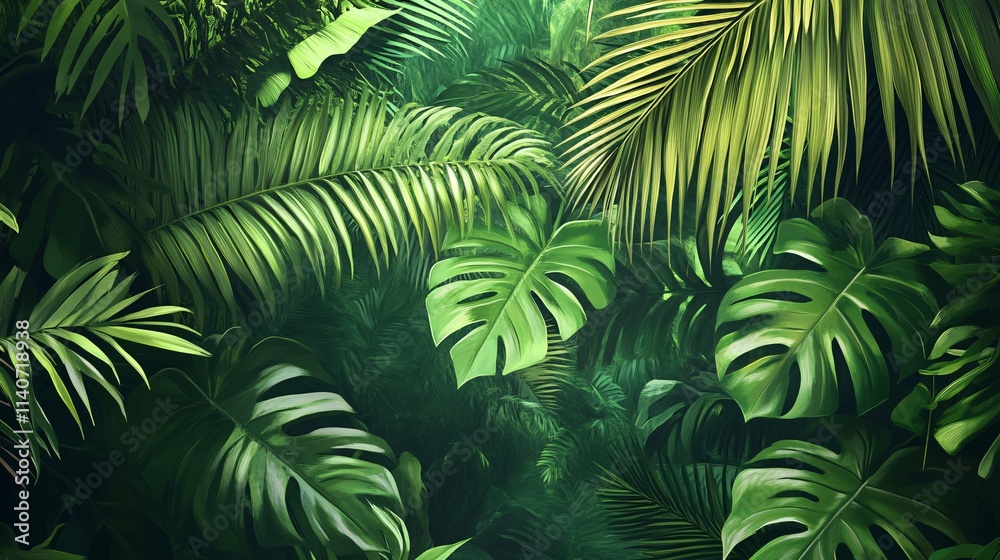Lush green foliage with a variety of tropical leaves creating a vibrant jungle backdrop. Lush green foliage with a variety of tropical leaves creating a vibrant jungle backdrop.