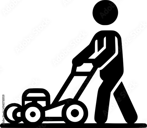stick figure lawn mowing, lawn mover. mowing the grass sign, symbol, vector, art