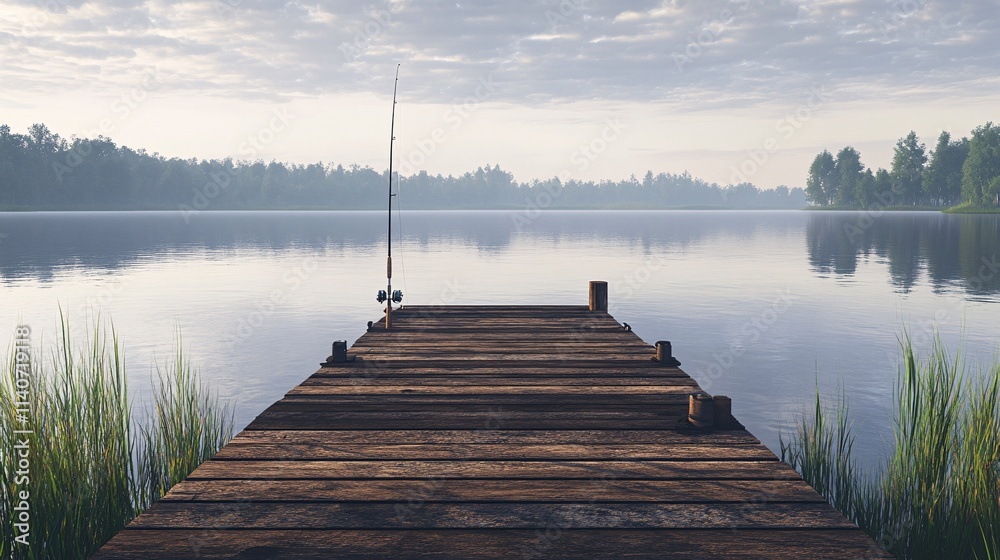 Fototapeta premium A serene wooden dock extends into a tranquil lake, surrounded by lush greenery, perfect for fishing or relaxation.
