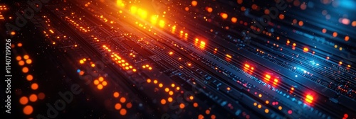 Abstract digital landscape with glowing lines and particles representing data flow.