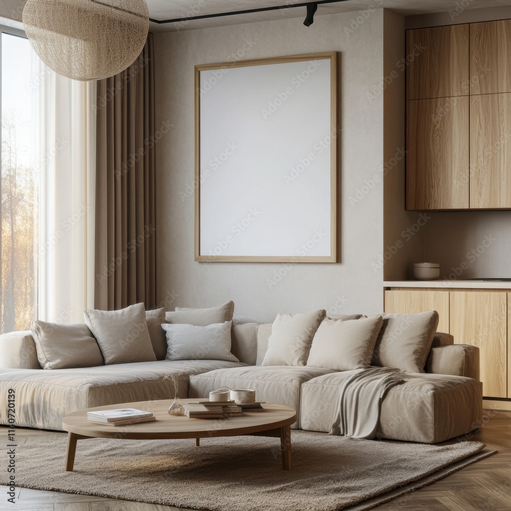 A living room with a white framed picture on the wall A living room with a white framed picture on the wall